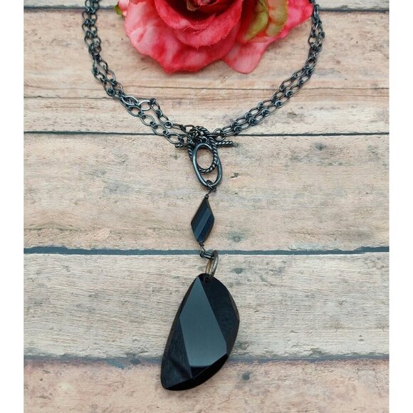 Black Gunmetal Faceted Bead Pendant Convertible Chain Necklace Choker Goth 32" - Picture 3 of 12